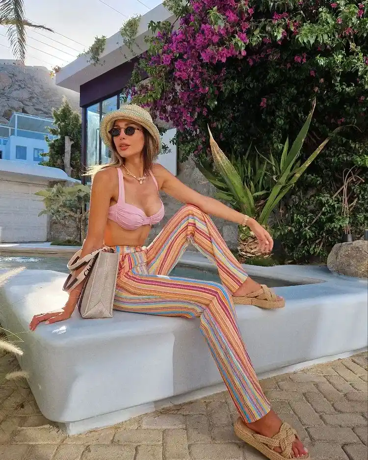 casual beachwear long pants sandals sunny hat sunglasses beach bag fashion ideas
