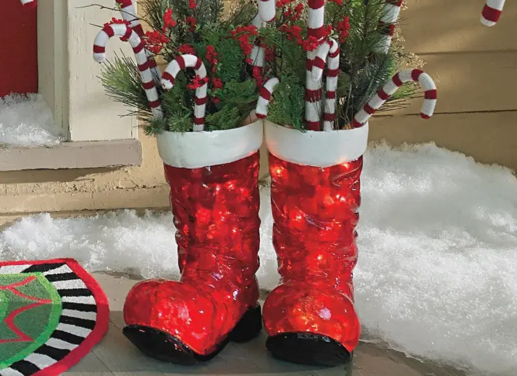 christmas boots decoration ideas for outdoor homemade diy red boots with light candy canes