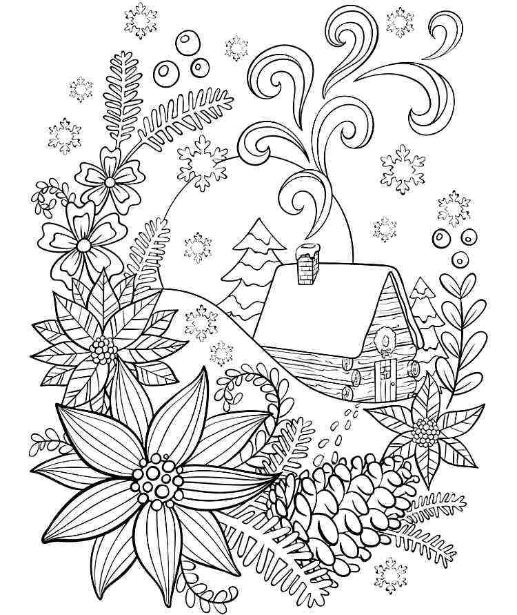 christmas coloring page for adults cabin trees pine cones greenery ornaments flowers leaves snowflakes