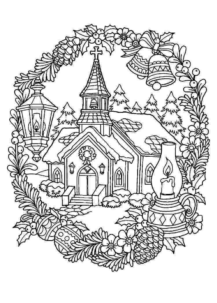 christmas coloring page for adults large church lanterns candles lights jungle bells trees