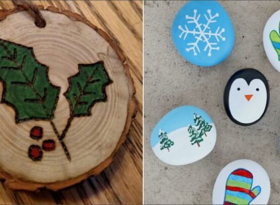 christmas craft activities for 10-year-olds painting on various objects wood slice smooth rocks