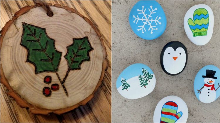 christmas craft activities for 10-year-olds painting on various objects wood slice smooth rocks