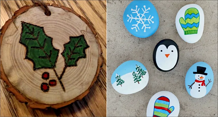 christmas craft activities for 10-year-olds painting on various objects wood slice smooth rocks