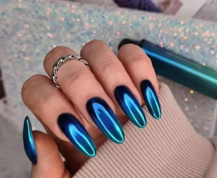 chrome nails 2022 blue and green ombre long manicure metal particals powder
