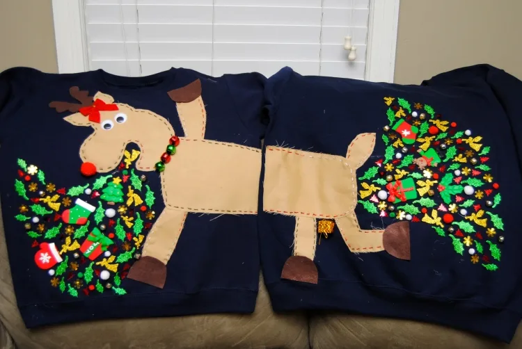 couples ugly christmas sweaters idea ridiculous and fun navy blue sweaters hilarious reindeer