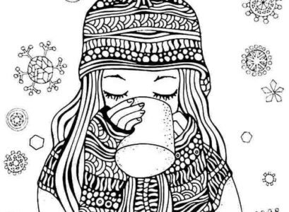 cozy winter drawing girl snowflakes warm gloves jumper cup of tea winter hat with a pompom