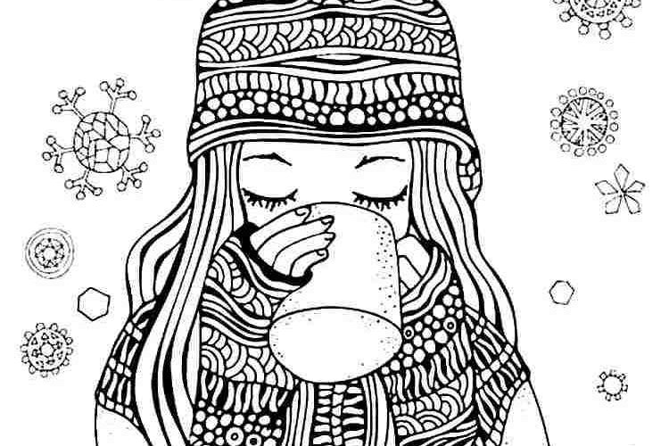 cozy winter drawing girl snowflakes warm gloves jumper cup of tea winter hat with a pompom