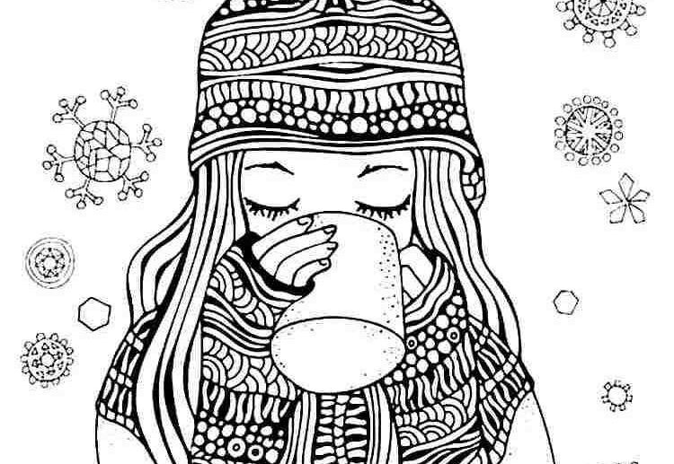 cozy winter drawing girl snowflakes warm gloves jumper cup of tea winter hat with a pompom