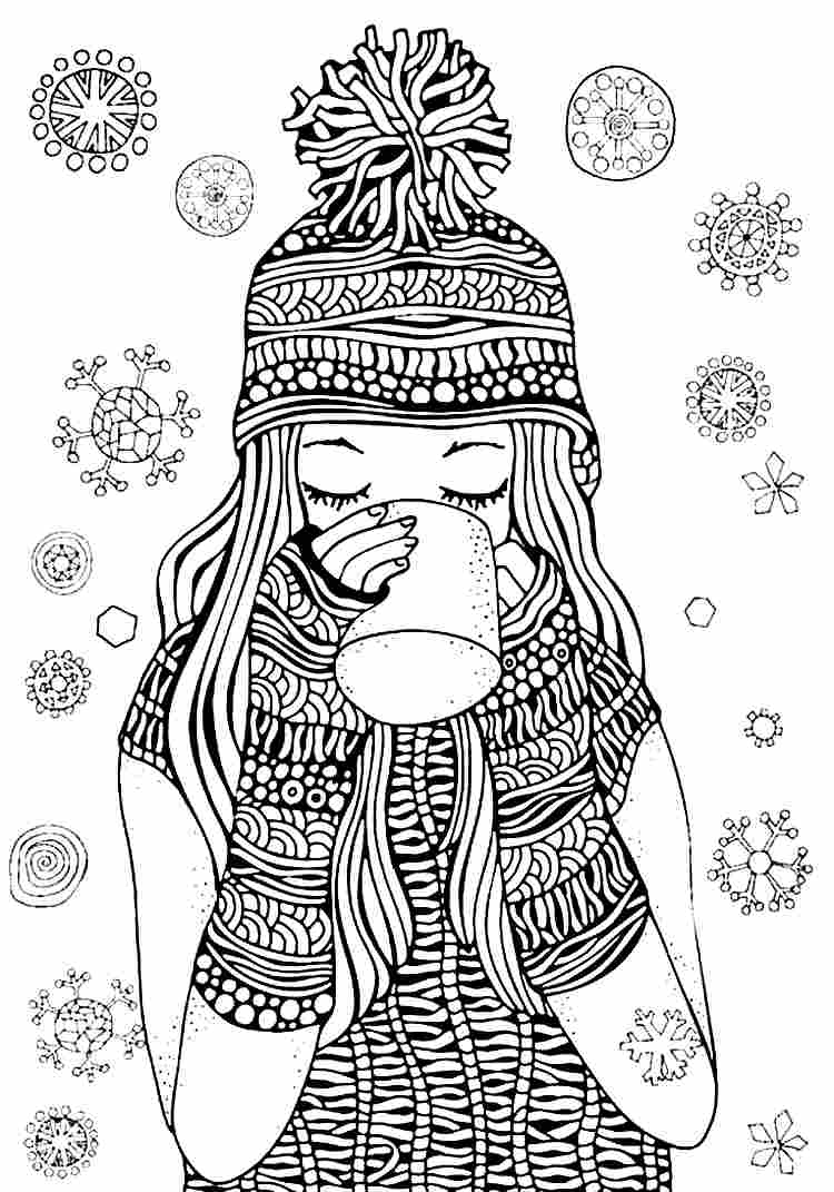 cozy winter drawing girl snowflakes warm gloves jumper cup of tea winter hat with a pompom