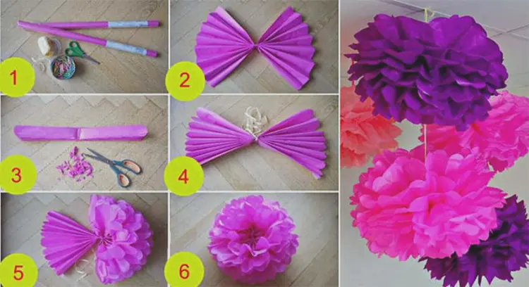 crepe paper pom poms festive spirit diy step by step tutorial purple pom poms