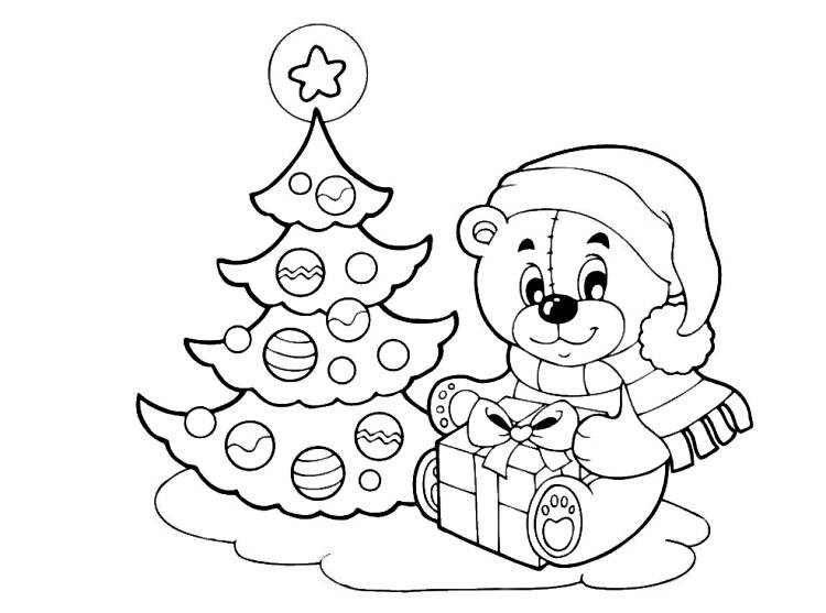 cute bear near a christmas tree holding a gift kids coloring page free