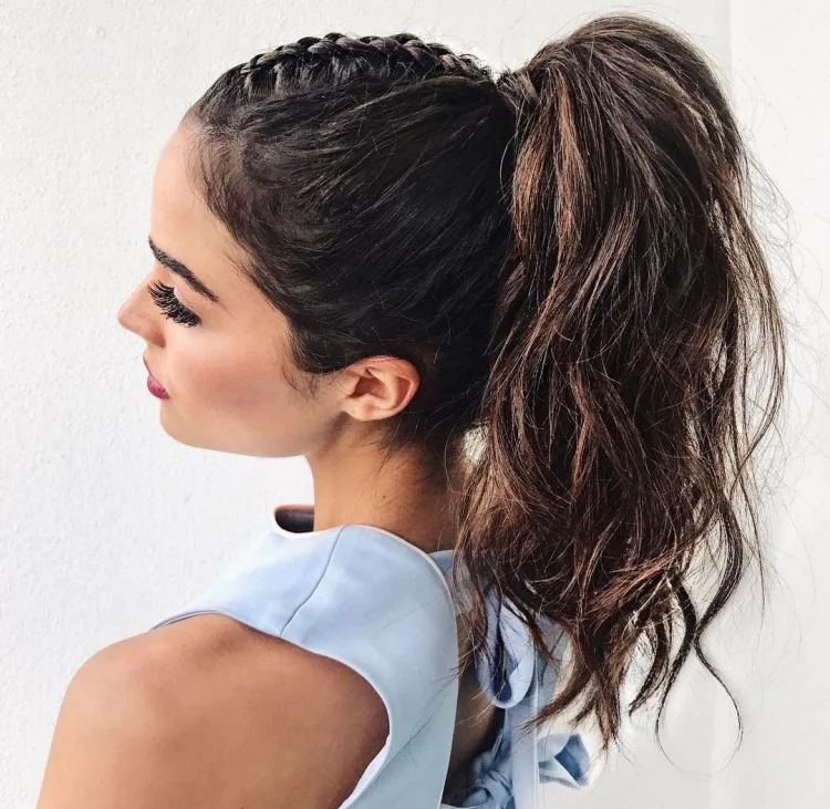 cute high ponytail front braid dark hair color long messy hairstyle for every occasion