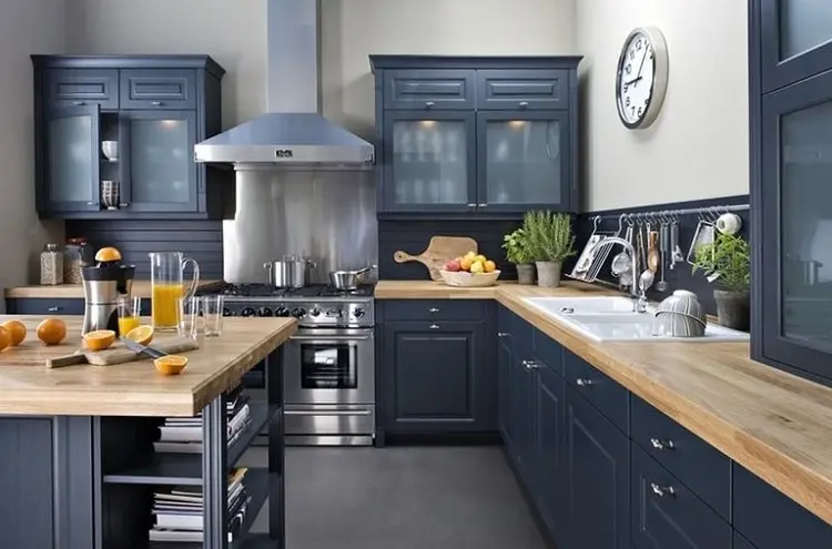 dark blue gray kitchen wooden countertops enclosed interior design trends 2023