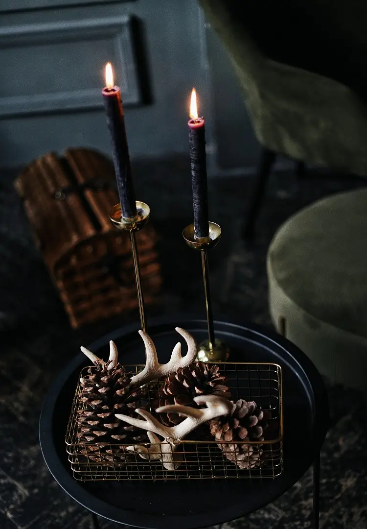 dark color centerpiece idea for christmas table setting candles pine cones