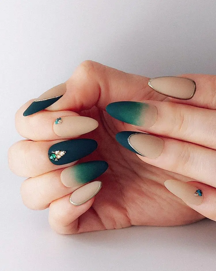 dark green nails matte with rhinestones decoration nail art and design