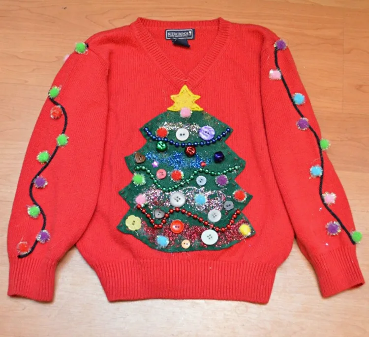 diy ugly christmas sweater for kids have fun with children christmas tree on a sweater tinsels pompoms buttons beaded necklace glitter