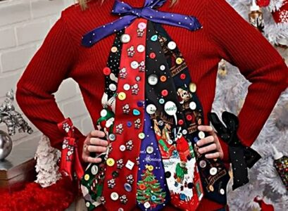diy ugly christmas sweater ideas tie badge buttons santa claus red sweater