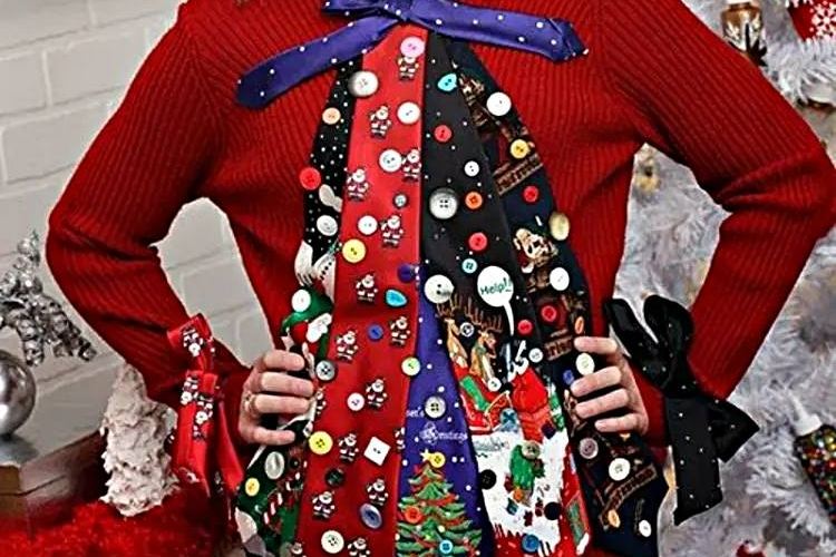 diy ugly christmas sweater ideas tie badge buttons santa claus red sweater