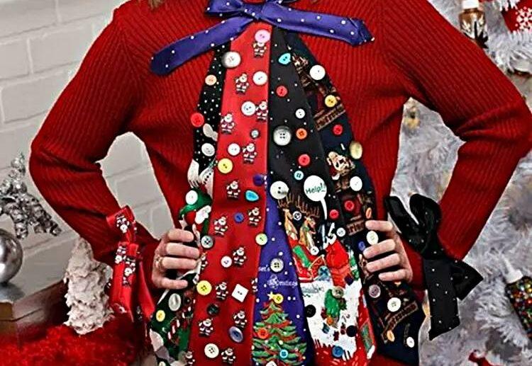diy ugly christmas sweater ideas tie badge buttons santa claus red sweater