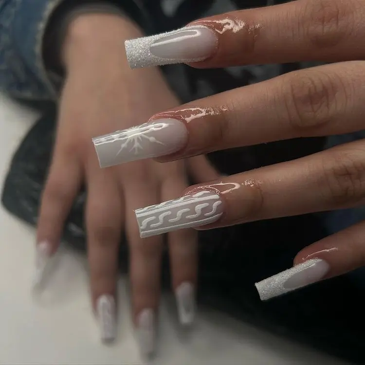 embossed nails design for new years eve party white color winter