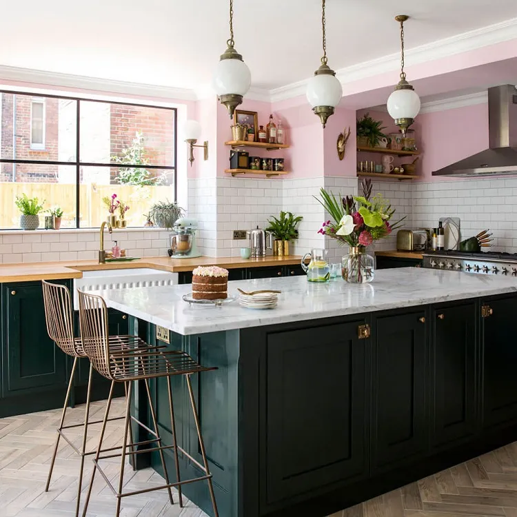 enclosed kitchen design trends 2023 interior cabinets countertops green gold chrome
