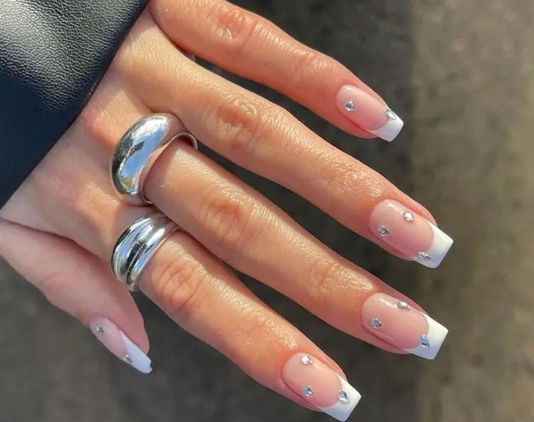 french manicure white nail polish christmas nails ideas rhinestone festive trendy