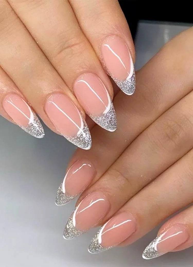 french manicure with silver glitter nude base nail polish white lines