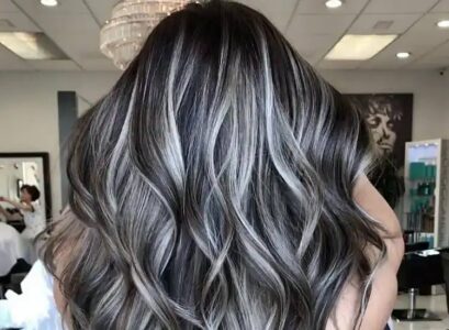 full gray highlights for black hair trendy hairstyle ideas for her to try in 2023 long curled black and gray hair