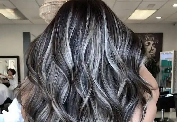 full gray highlights for black hair trendy hairstyle ideas for her to try in 2023 long curled black and gray hair