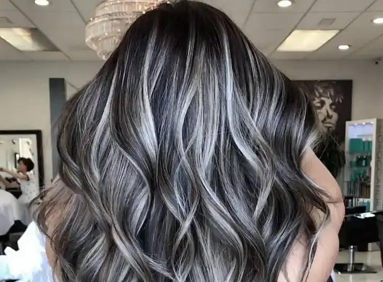 Full Gray Highlights For Black Hair Trendy Hairstyle Ideas For Her To Try In 2023 Long Curled Black And Gray Hair 