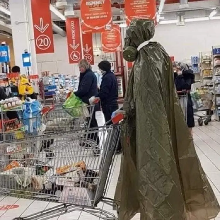 funny grocery shopping anti covid-19 outfits people that wore different types of costumes