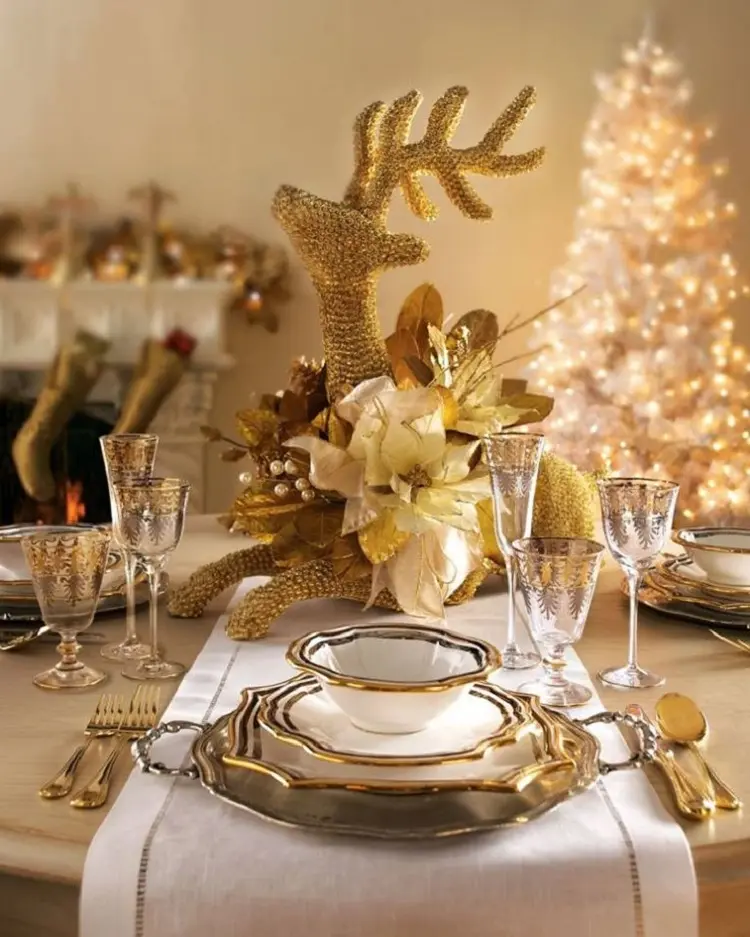 gold christmas decoration centerpiece deer with sparkles plates how to decorate ideas