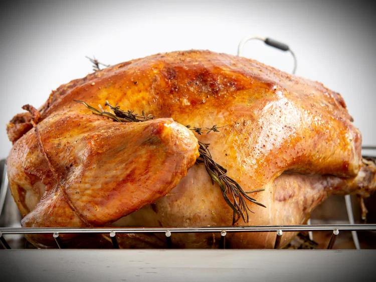 golden brown crust cooking turkey on a rack for traditional christmas dinner