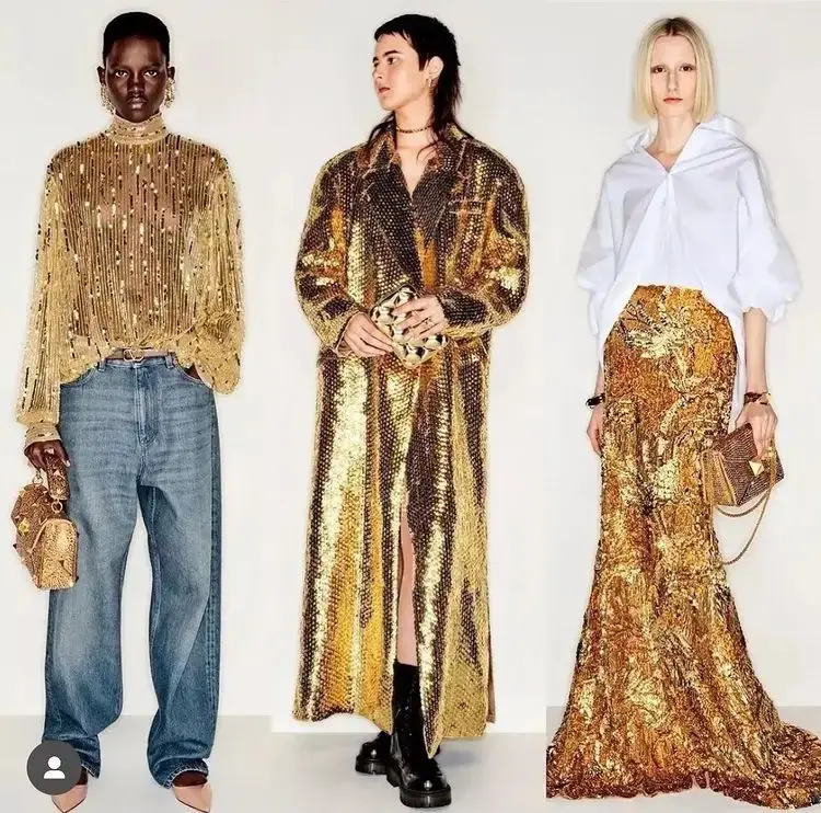 golden outfits runway models inspiration sequin blouse matched with jeans how to look stunning and trendy how to wear sparkle day and night