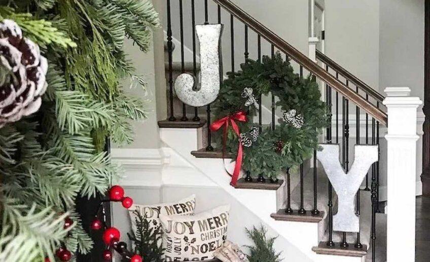 gorgeous Christmas home decor Idea joy sign wreath cardboard glitter foil pine branches
