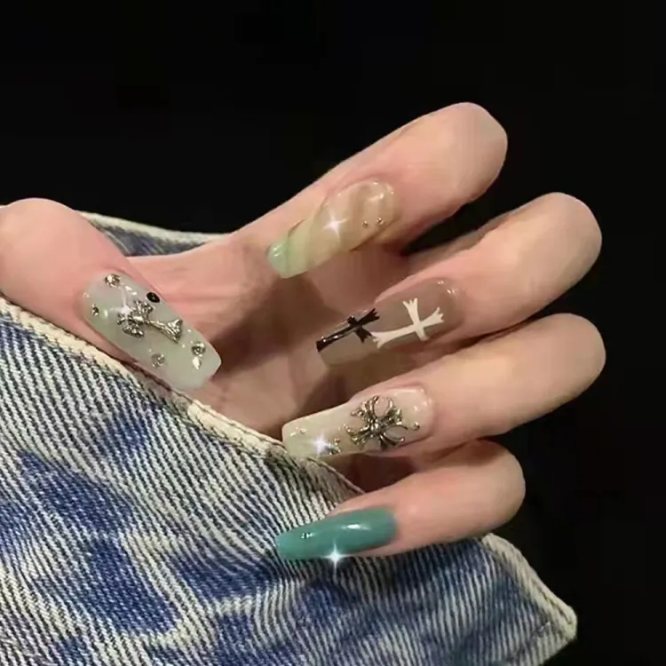gothic christmas nails beige color pale blue christ in black and white long square nails