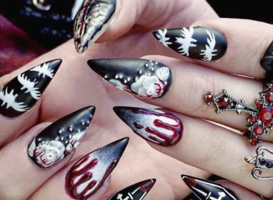 gothic christmas nails black white red circles snow white dots long nails red drops