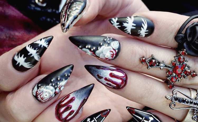 gothic christmas nails black white red circles snow white dots long nails red drops