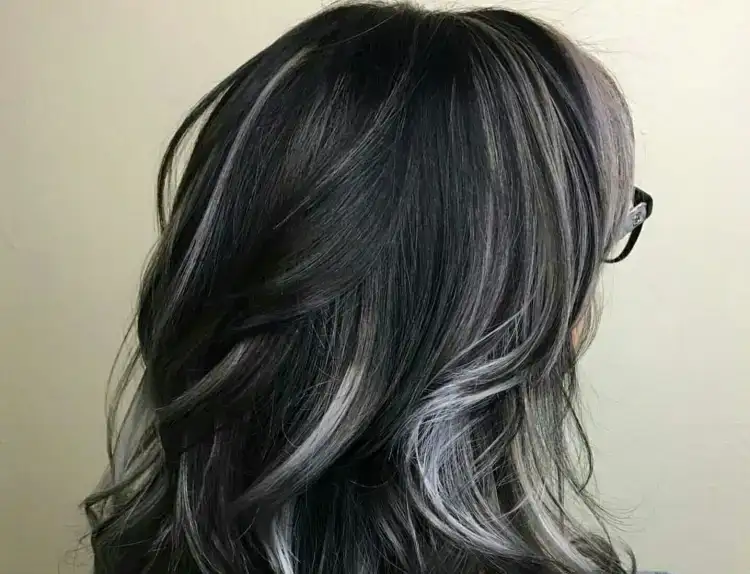 reflejos grises en cabello negro de longitud media rizado en forma de u en capas