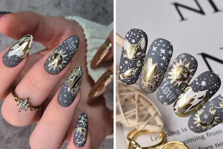 gray matte nails with gold chrome decorations cats moon long manicure