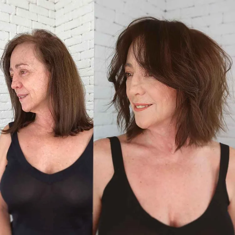long bob with curtain bangs for women 50 years old brunette before after photos