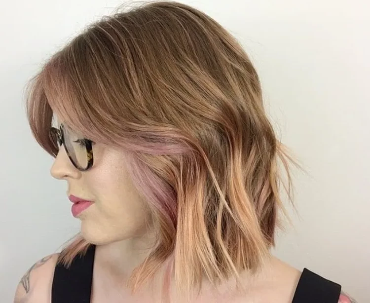 long bob with curtain bangs women 50 years old fine hair pink highlights