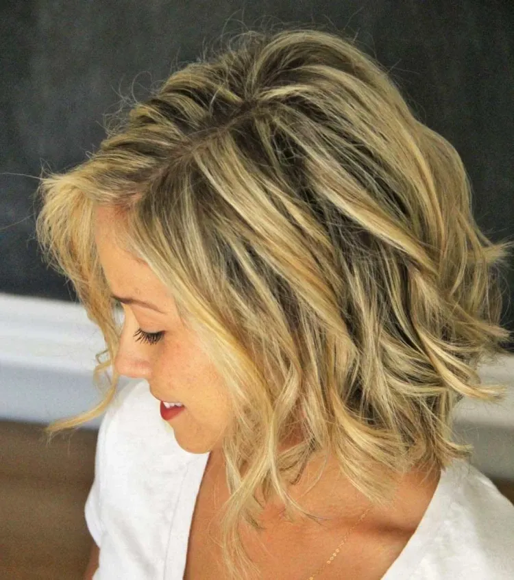 loose beach waves short layered bob hairstyle on blond hair