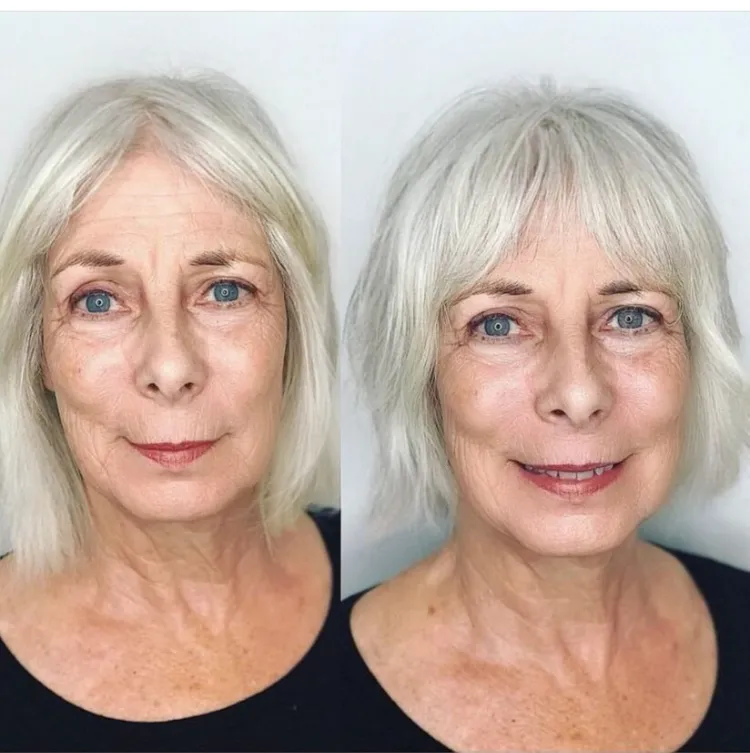 medium length bob with curtain bangs for women over 60 before after photos