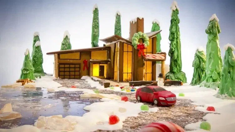 modern gingerbread house with big windows car made of fondant