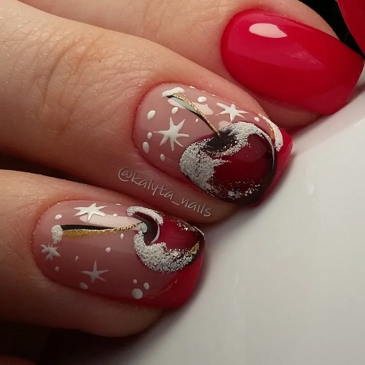 nail art Christmas 2022 red and white on short nails