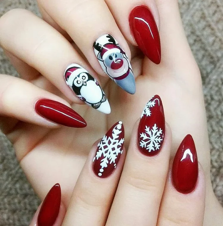 nails Christmas 2022 snowflakes reindeer penguin long nails