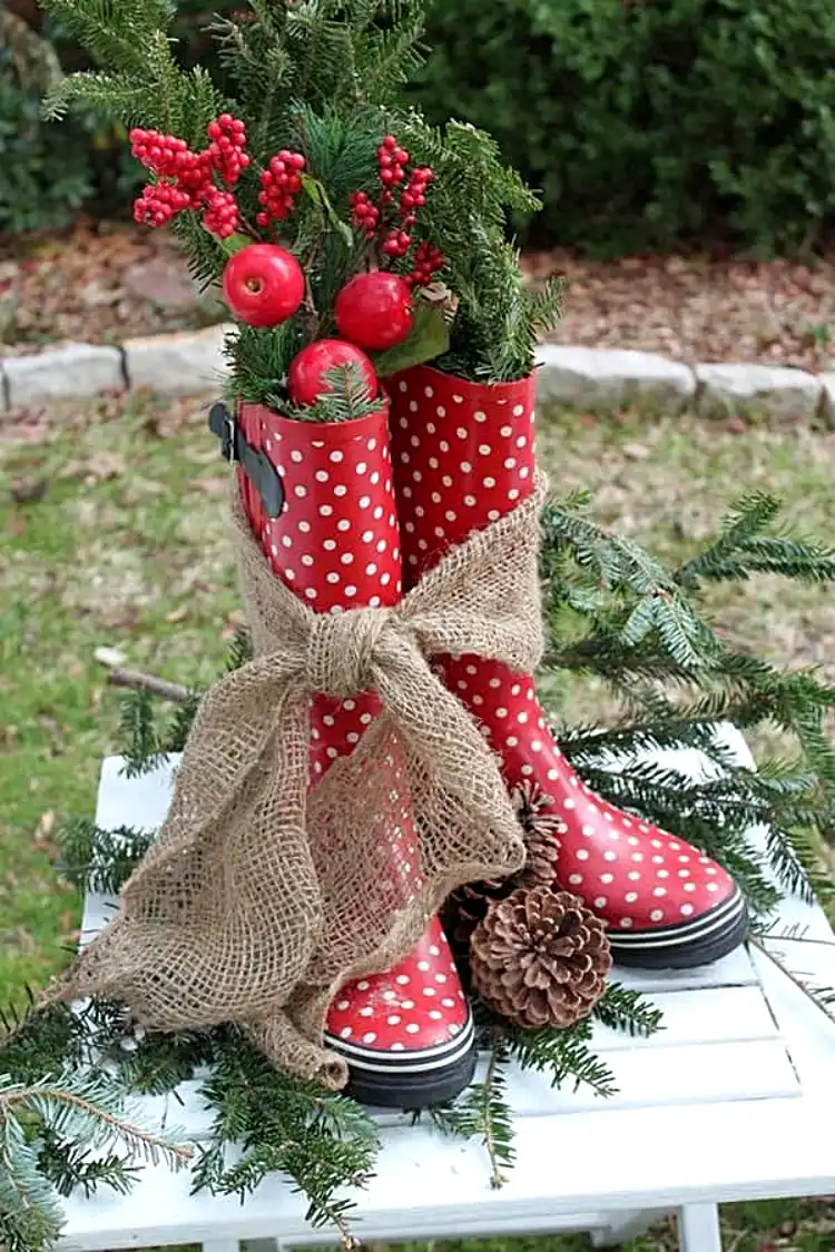 old rubber boots diy christmas boots decoration ideas red with white dots jute ribbon