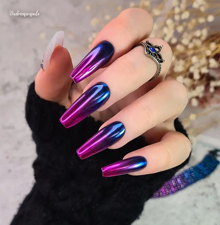ombre style chrome nails pink and blue long manicure
