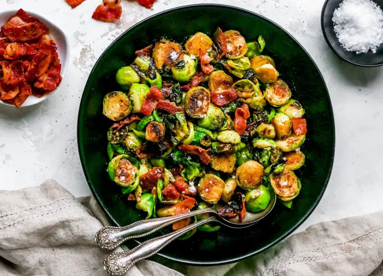 pan fried brussels sprouts with chestnuts and bacon